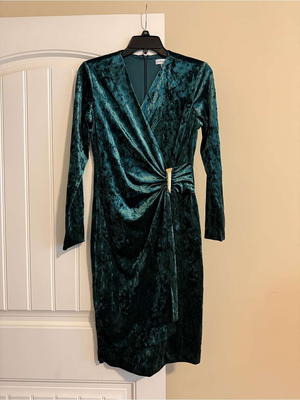Calvin Klein Green Crushed Velvet Faux Wrap 8 Cocktail Evening Holiday Dress